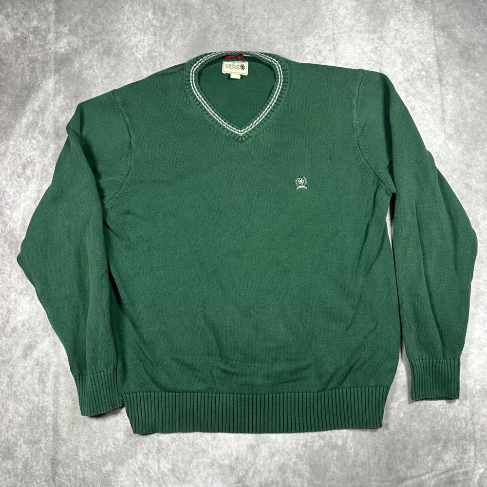 Vintage 90s Tommy Hilfiger Crest Mens L Green‎ Cotton V-Neck Sweater Collegiate